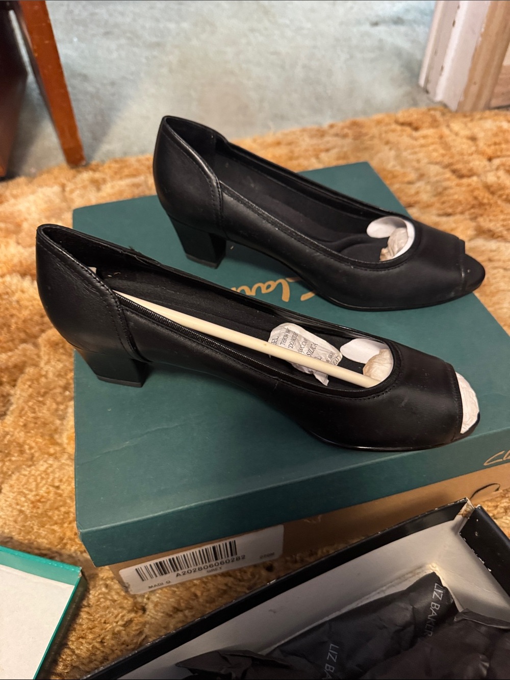 Liz Baker Black Peep-Toe Mid Block Heel Pumps